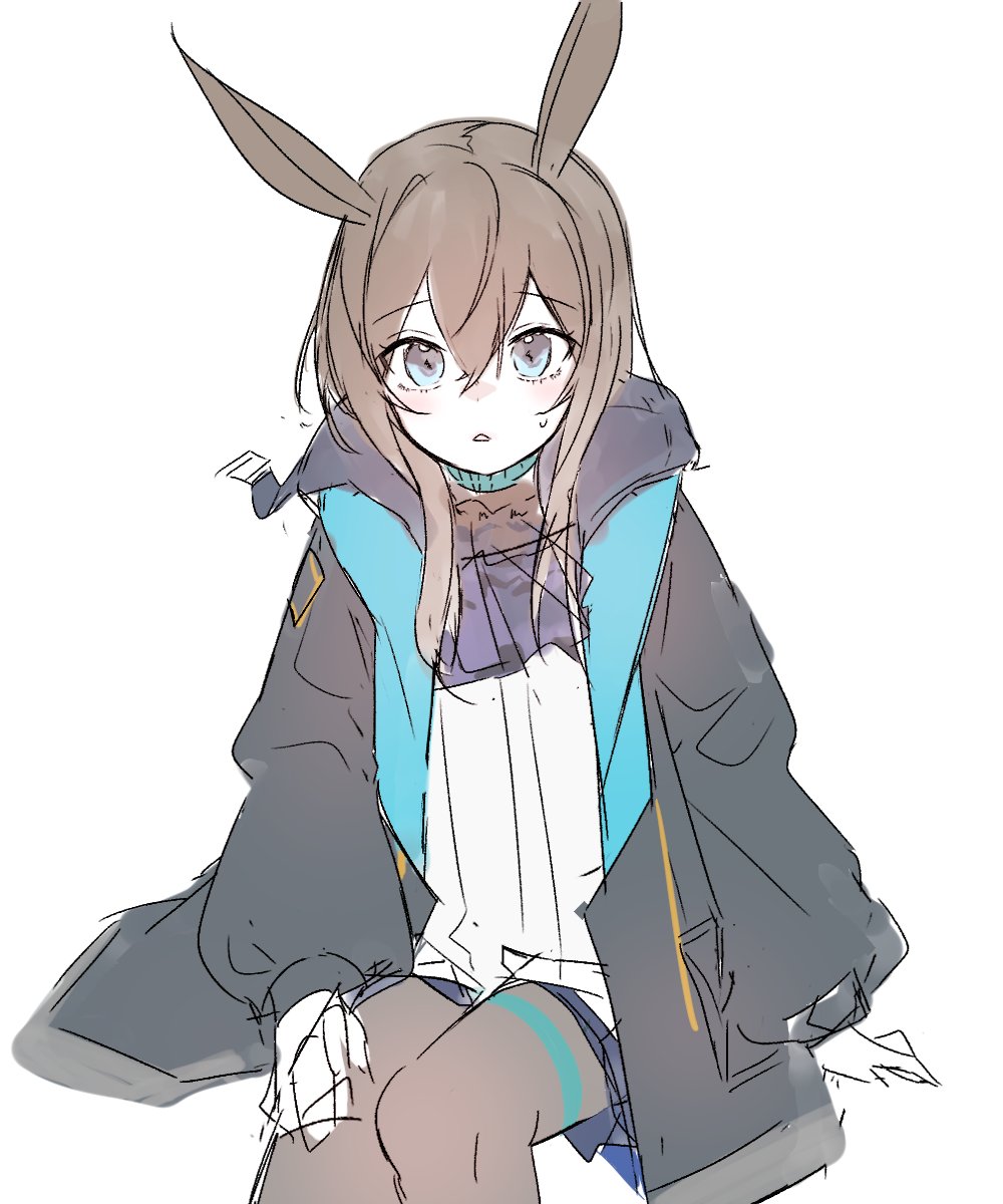 1girl amiya_(arknights) animal_ears arknights ban_mumani bangs black_jacket blue_eyes brown_hair eyebrows_visible_through_hair hair_between_eyes highres jacket long_sleeves looking_at_viewer open_clothes open_jacket open_mouth pantyhose rabbit_ears shirt simple_background sitting sketch solo sweat triangle_mouth white_background