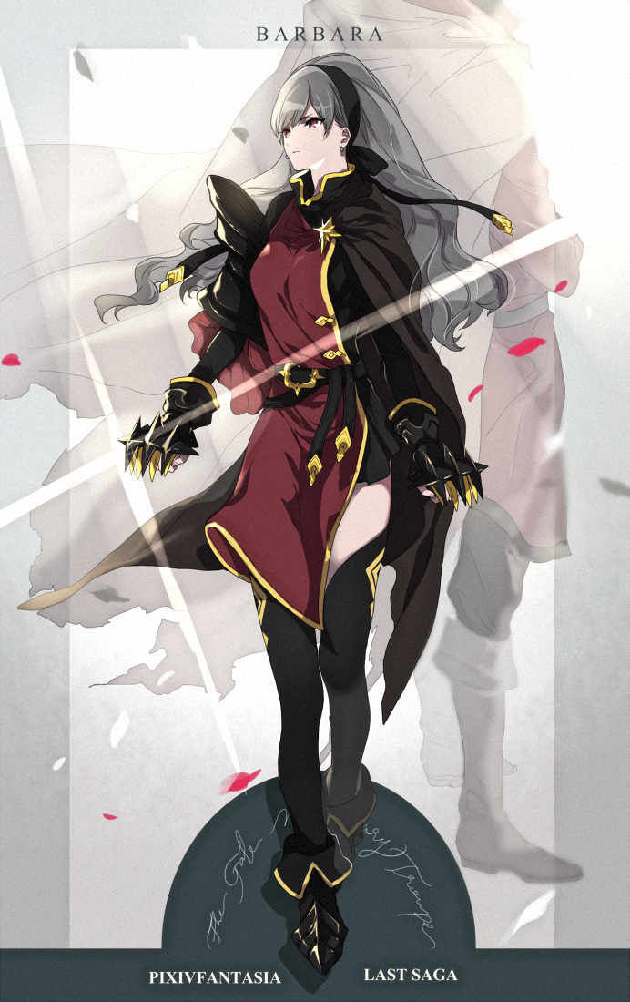 1girl barbara_(pixiv_fantasia_last_saga) black_cape black_gloves black_legwear cape clenched_hand copyright_name earrings gloves grey_hair jewelry kai28 long_hair looking_at_viewer pixiv_fantasia pixiv_fantasia_last_saga red_eyes solo standing thigh-highs