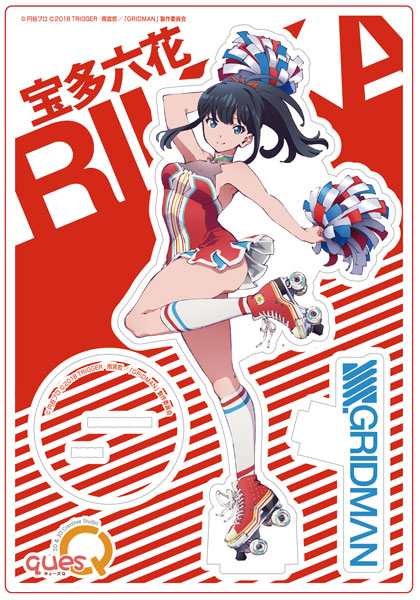 1girl alternate_costume alternate_hairstyle artist_request black_hair blue_eyes character_name cheerleader copyright_name full_body leotard logo long_hair looking_at_viewer official_art ponytail red_leotard roller_skates skates solo ssss.gridman standing standing_on_one_leg takarada_rikka