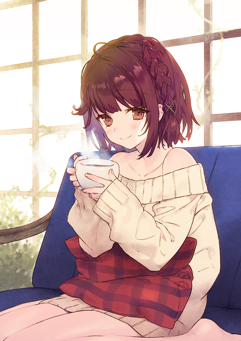 1girl atelier_(series) atelier_sophie bare_legs bare_shoulders barefoot blush braid brown_eyes brown_hair closed_mouth collarbone couch cup hair_ornament long_sleeves mug noco_(adamas) official_art pillow plant short_hair sitting smile sophie_neuenmuller steam sweater vines wariza