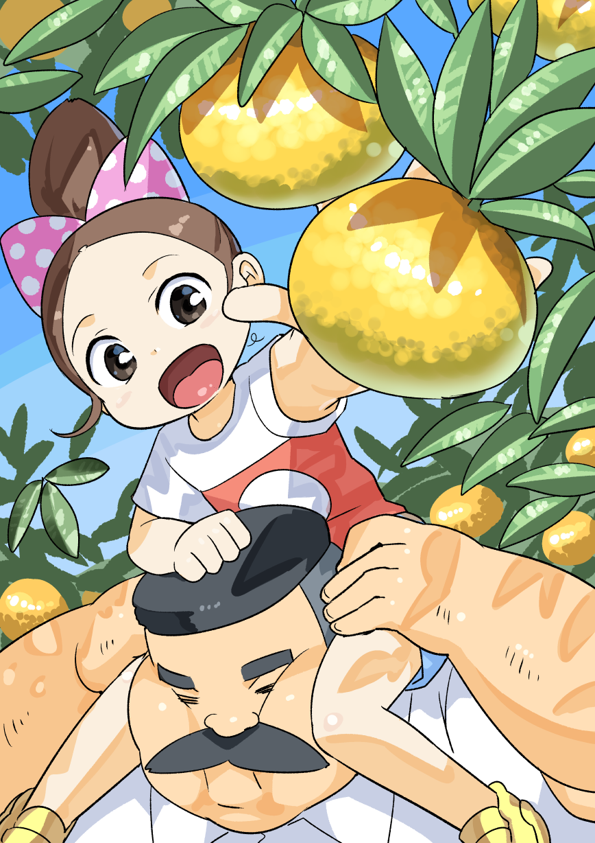 1boy 1girl :o black_hair bow brown_hair child day facial_hair food fruit hair_up hige_habahiro highres mustache ojisan_to_marshmallow on_shoulders otoi_rekomaru outdoors pink_bow polka_dot polka_dot_bow shadow shorts yellow_footwear