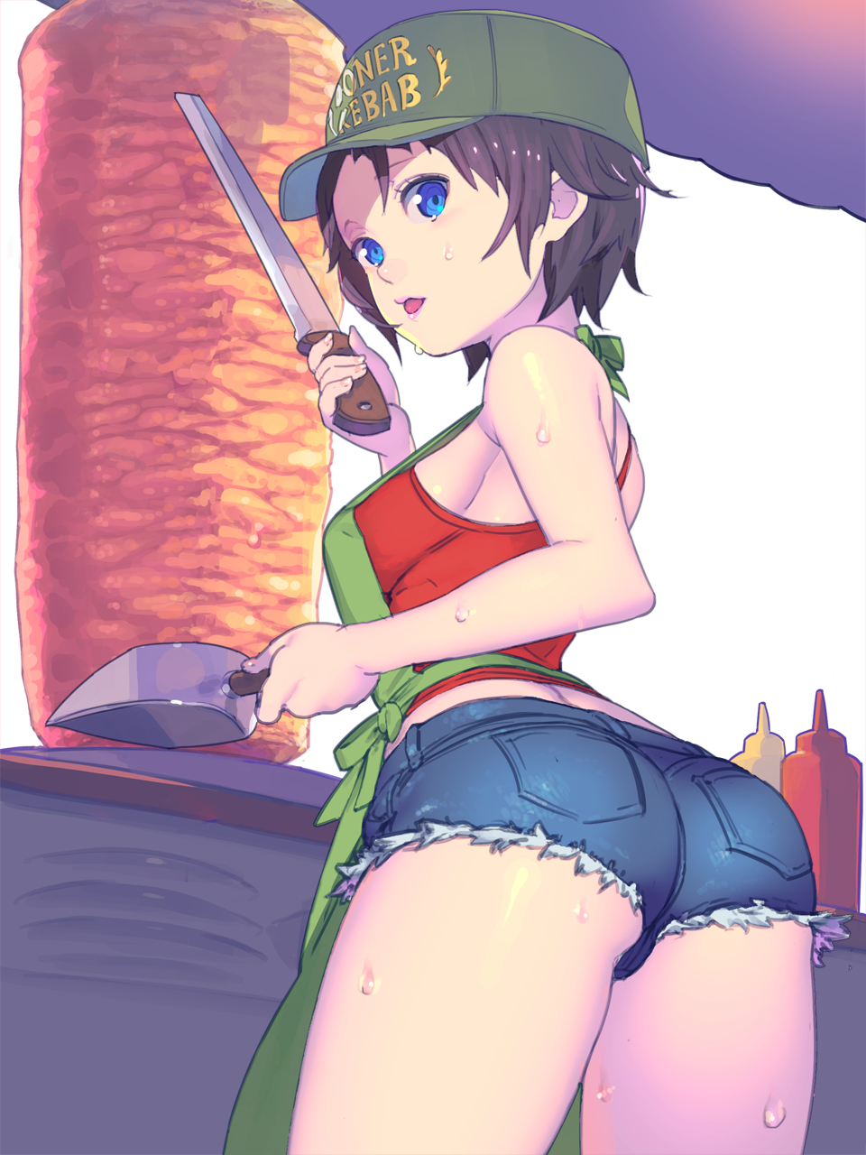 1girl apron ass back bare_shoulders baseball_cap blue_eyes blue_shorts bottle breasts brown_hair clothes_writing cooking cowboy_shot cutoffs denim denim_shorts food food_stand from_behind green_headwear grill hat headwear_writing highres hisho_collection holding kebab ketchup knife lipstick looking_at_viewer looking_back makeup meat medium_breasts mustard nagisa_kurousagi open_mouth original pink_lipstick pocket rotisserie short_hair short_shorts shorts sideboob solo standing sweat tank_top thighs tongue tongue_out vertical_rotisserie white_background