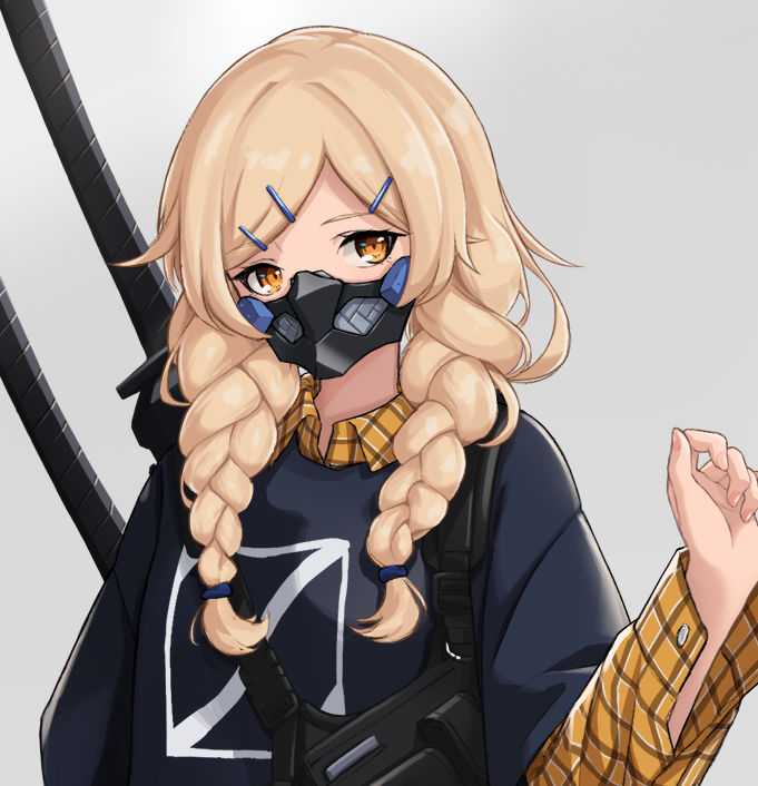 1girl armor blonde_hair braid checkered checkered_shirt hair_ornament hairclip japanese_armor katana long_hair looking_at_viewer mask menpoo orange_eyes original shirt simple_background solo sword t-naka-s-12 weapon