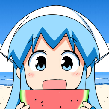 1girl :d anbe_masahiro bangs beach blue_eyes blue_hair blue_sky close-up day dot_nose eyebrows_visible_through_hair face food fruit hands_up holding holding_food holding_fruit horizon ikamusume long_hair looking_at_viewer lowres ocean official_art open_mouth outdoors portrait sand shinryaku!_ikamusume sky smile solo summer tareme upper_body water watermelon white_headwear