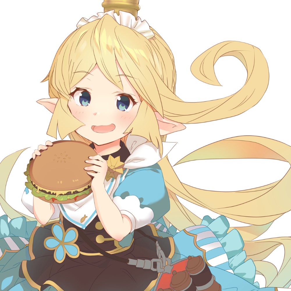 1girl :d blue_dress blue_eyes charlotta_fenia commentary_request dress eyebrows_visible_through_hair flipped_hair food frilled_dress frills granblue_fantasy hamburger harvin long_hair looking_at_viewer maid_headdress o_(rakkasei) open_mouth pointy_ears puffy_short_sleeves puffy_sleeves short_sleeves simple_background smile solo very_long_hair white_background