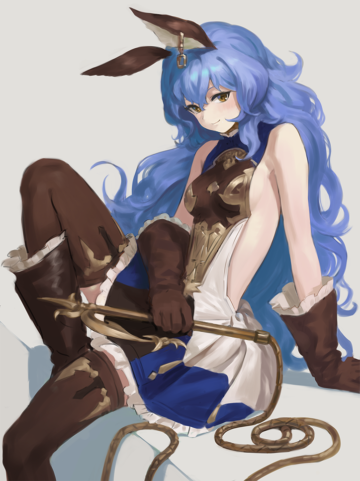 1girl animal_ears backless_outfit belt black_gloves blue_hair blue_skirt breasts brown_eyes brown_gloves earrings erune ferry_(granblue_fantasy) gloves granblue_fantasy hoop_earrings jewelry long_hair loose_belt rabbit_ears sideboob single_earring skirt small_breasts solo wasabi60 wavy_hair whip