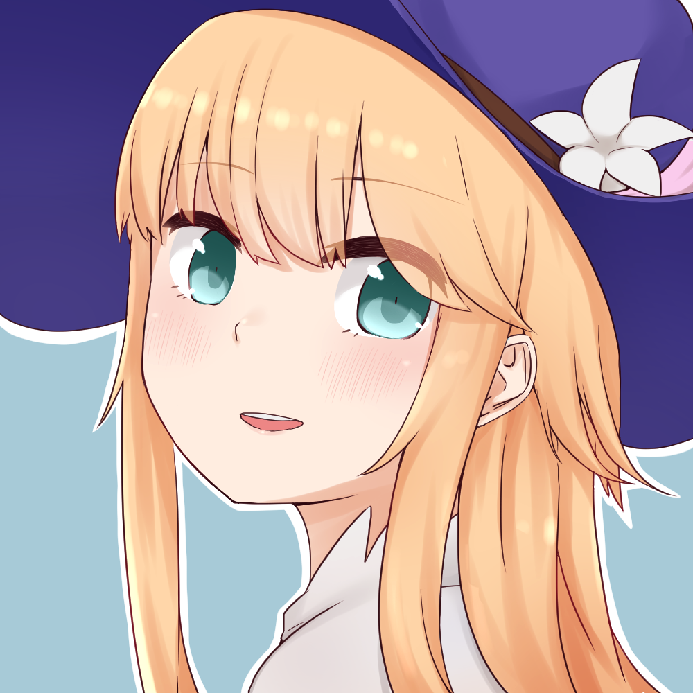 1other bangs blonde_hair blue_headwear blush chevalier_d'eon_(fate/grand_order) eyebrows_visible_through_hair fate/grand_order fate_(series) flower green_eyes hair_between_eyes hat hat_flower i.u.y long_hair looking_at_viewer looking_to_the_side parted_lips shirt sidelocks smile solo upper_body upper_teeth white_flower white_shirt