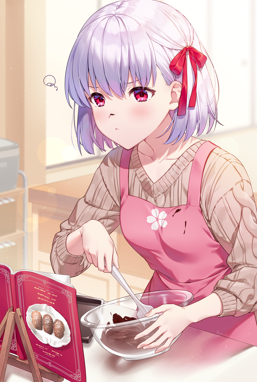 1girl apron baking bangs blush breasts chocolate commentary_request earrings eyebrows_visible_through_hair fate/grand_order fate_(series) frown hair_ribbon highres jewelry kama_(fate/grand_order) kitchen kuroki_(ma-na-tu) long_sleeves pink_apron red_eyes ribbon silver_hair small_breasts solo sweater valentine