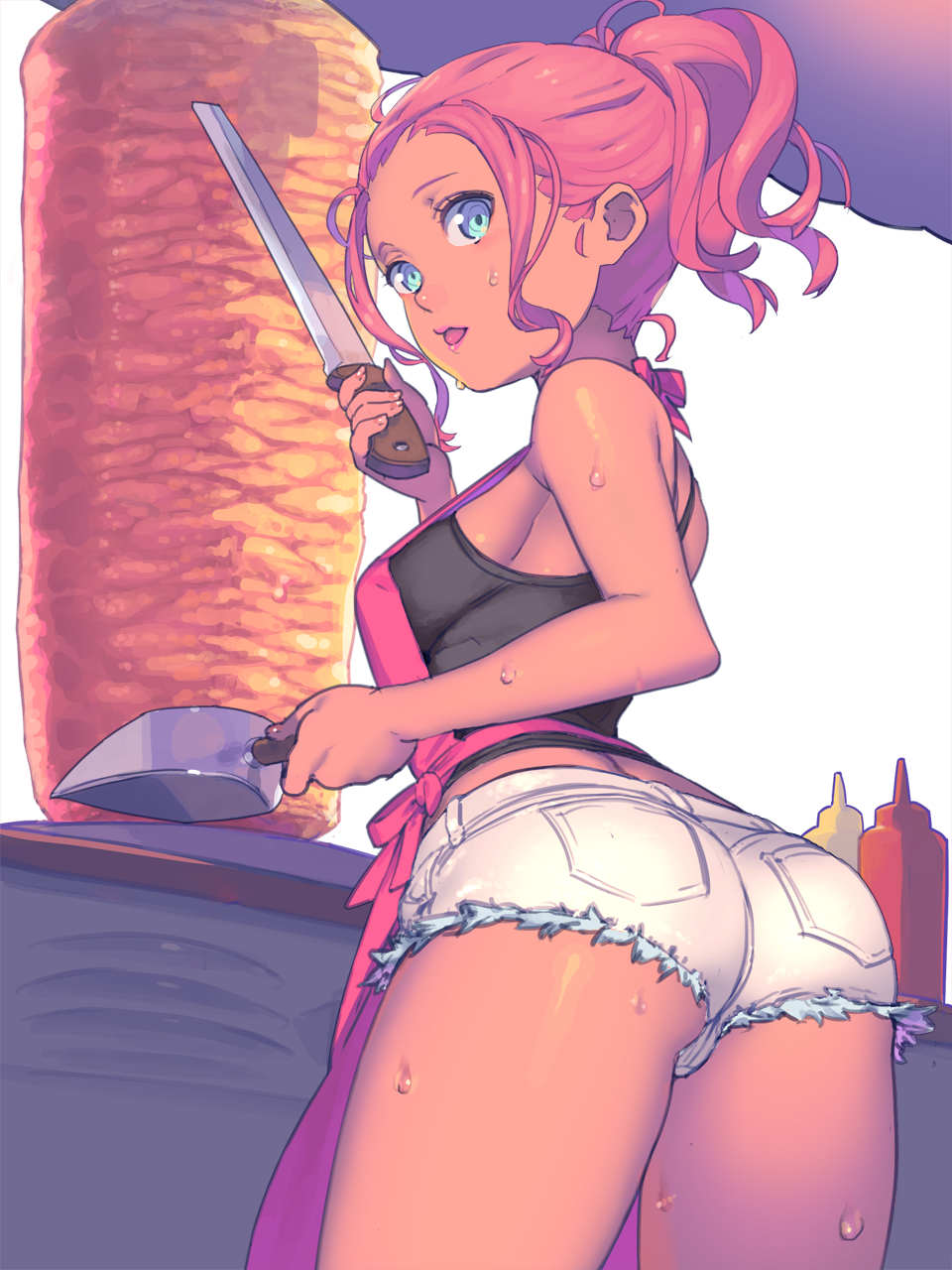 1girl apron ass back bare_shoulders blue_eyes bottle breasts cooking cowboy_shot cutoffs dark_skin denim denim_shorts food food_stand from_behind grill headwear_writing highres holding kebab ketchup knife lipstick looking_at_viewer looking_back makeup meat medium_breasts mustard nagisa_kurousagi open_mouth original pink_lipstick pocket ponytail redhead rotisserie short_shorts shorts sideboob solo standing sweat tank_top thighs tongue tongue_out vertical_rotisserie white_background white_shorts