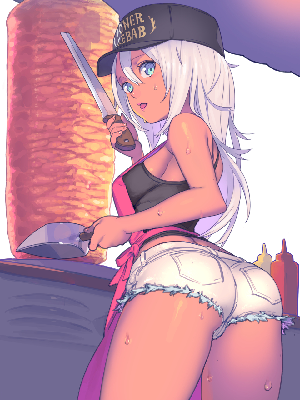 1girl apron ass back bare_shoulders baseball_cap black_headwear blue_eyes bottle breasts clothes_writing cooking cowboy_shot cutoffs dark_skin denim denim_shorts food food_stand from_behind grill hair_between_eyes hat headwear_writing highres hisho_collection holding kebab ketchup knife lipstick long_hair looking_at_viewer looking_back makeup meat medium_breasts mustard nagisa_kurousagi open_mouth original pink_lipstick pocket rotisserie short_shorts shorts sideboob solo standing sweat tank_top thighs tongue tongue_out vertical_rotisserie white_background white_hair white_shorts