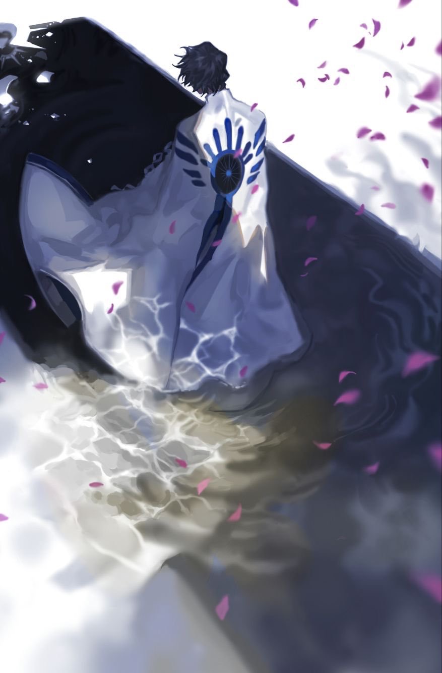 1boy arjuna_(fate/grand_order) black_hair cape fate/grand_order fate_(series) from_above from_behind full_body highres male_focus mchi petals ripples solo standing