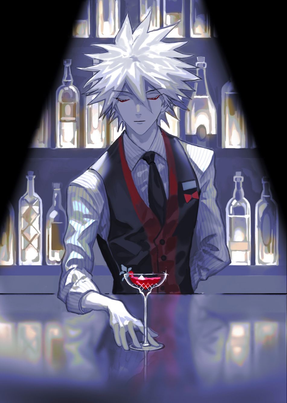 1boy bar bartender closed_eyes cup drinking_glass eyeliner fate/apocrypha fate_(series) highres karna_(fate) makeup male_focus mchi necktie pinstripe_pattern solo standing striped vest waistcoat white_hair white_skin wine_glass
