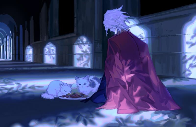 1boy cape cat cat_food dish fate/apocrypha fate_(series) feeding from_behind hallway karna_(fate) kneeling male_focus mchi red_cape solo white_hair