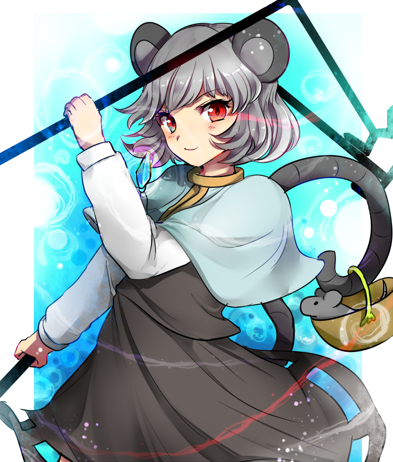 1girl animal_ears bangs basket capelet dowsing_rod dress eyebrows_visible_through_hair grey_dress grey_hair grey_skirt grey_vest jewelry long_sleeves looking_at_viewer makotono_(makotono_00) mouse mouse_ears mouse_tail nazrin pendant red_eyes shirt short_hair skirt skirt_set solo tail touhou vest white_shirt