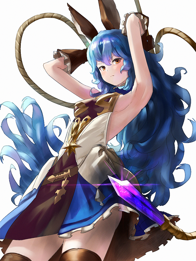 1girl armpits arms_up bangs blue_hair blue_skirt blush breasts brown_eyes brown_gloves brown_legwear closed_mouth elbow_gloves erune ferry_(granblue_fantasy) from_below frown glint gloves granblue_fantasy grey_background hair_between_eyes long_hair looking_at_viewer looking_down medium_breasts shirt sideboob simple_background skirt sleeveless sleeveless_shirt solo standing thigh-highs v-shaped_eyebrows very_long_hair wasabi60 wavy_hair white_shirt