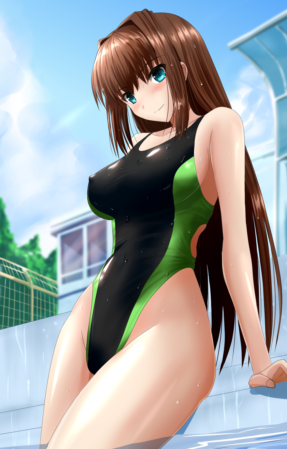 1girl aozaki_aoko black_swimsuit blue_sky blurry brown_hair building clouds commentary_request competition_swimsuit covered_nipples cowboy_shot day depth_of_field fence from_below green_eyes highleg highleg_swimsuit highres long_hair mahou_tsukai_no_yoru one-piece_swimsuit outdoors sky solo swimsuit water yuuk33