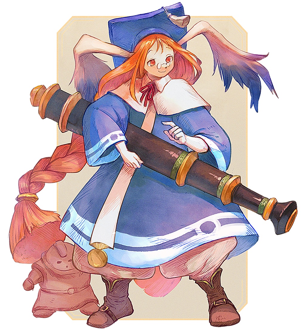 1girl animal_ears braid breath_of_fire breath_of_fire_iii capelet closed_mouth full_body glasses gloves gun hair_tie head_wings holding honey_(breath_of_fire) long_hair momo_(breath_of_fire) orange_hair rabbit_ears red_eyes ribbon robe smile very_long_hair weapon wings yuza