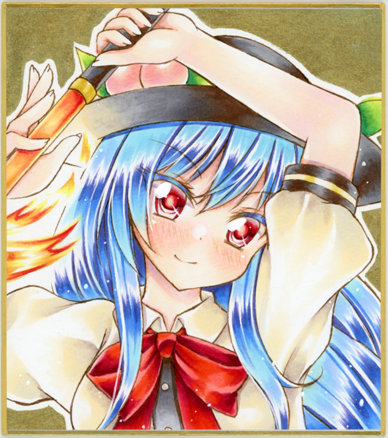 1girl black_headwear blue_hair blush bow bowtie collared_shirt eyebrows_visible_through_hair food fruit graphite_(medium) hair_between_eyes hinanawi_tenshi holding holding_sword holding_weapon looking_at_viewer nekofish666 peach red_eyes red_neckwear shirt short_sleeves smile solo sword touhou traditional_media v-shaped_eyebrows weapon white_shirt