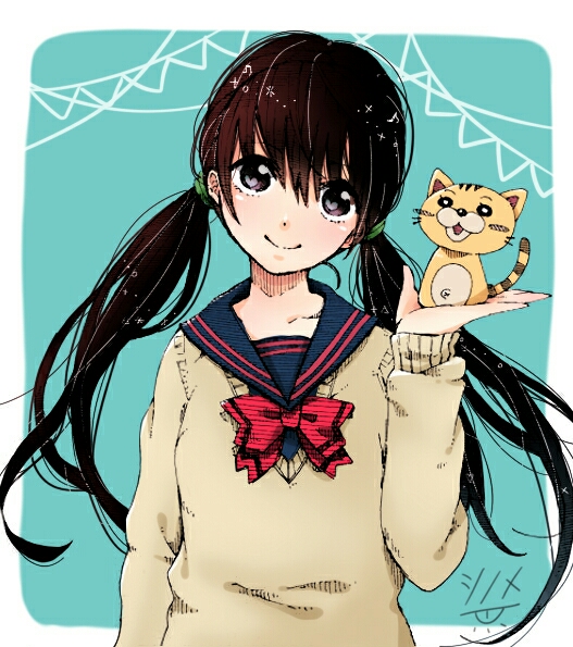 1girl alternate_color alternate_eye_color alternate_hair_color animal arm_at_side bangs beige_sweater black_eyes black_hair blue_background blue_sailor_collar blunt_bangs cat collarbone commentary_request dot_nose hand_up happy head_tilt heart heart_in_eye hito_ten_shinome holding holding_toy kawamoto_hinata long_hair long_sleeves looking_away musical_note neck_ribbon red_ribbon red_sailor_collar ribbon sailor_collar sangatsu_no_lion school_uniform simple_background sleeves_past_wrists smile solo sparkle string_of_flags sweater symbol_in_eye toy twintails uniform upper_body