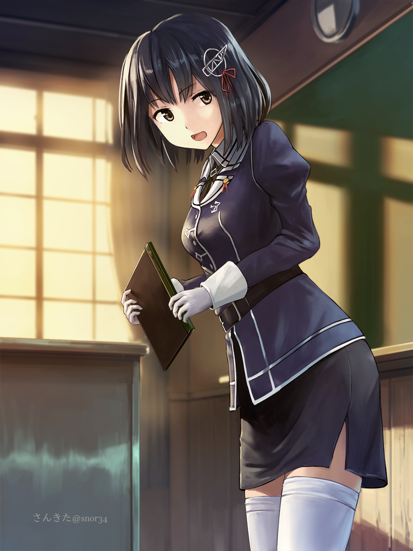 1girl black_hair blush breasts brown_eyes desk gloves haguro_(kantai_collection) hair_ornament hairclip jacket kantai_collection looking_at_viewer open_mouth purple_jacket remodel_(kantai_collection) school_desk short_hair skirt smile snor34 solo thigh-highs uniform white_gloves white_legwear