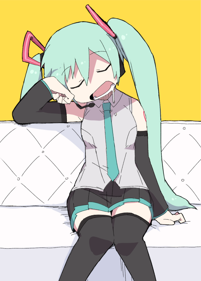 1girl aqua_hair arm_support black_legwear closed_eyes commentary couch detached_sleeves dokan_(dkn) drooling hatsune_miku long_hair necktie simple_background sleeping solo thigh-highs twintails very_long_hair vocaloid