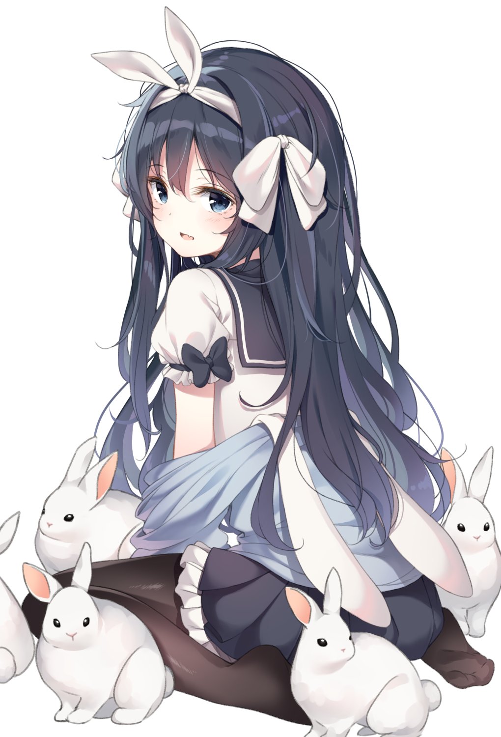 1girl black_hair black_legwear black_ribbon blue_eyes blue_hair blush fang frilled_skirt frilled_sleeves frills gradient_hair hair_ribbon highres inhoya2000 multicolored_hair original pantyhose pleated_skirt rabbit ribbon school_uniform simple_background skirt white_background white_ribbon