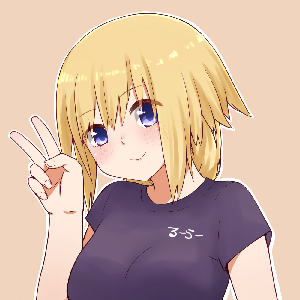 1girl bangs blonde_hair blush breasts brown_background closed_mouth clothes_writing eyebrows_visible_through_hair fate/grand_order fate_(series) hair_between_eyes hand_up head_tilt i.u.y jeanne_d'arc_(fate) jeanne_d'arc_(fate)_(all) long_hair looking_at_viewer medium_breasts outline purple_shirt shirt short_sleeves sidelocks smile solo upper_body v violet_eyes white_outline