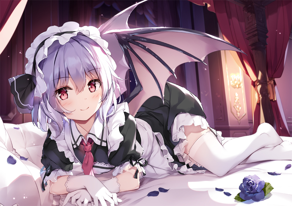 1girl alternate_costume apron bangs bat_wings bed black_dress black_hairband black_ribbon blue_flower blue_hair blue_rose blush commentary_request curtains dress enmaided eyebrows_visible_through_hair flower frilled_apron frills gloves hair_between_eyes hair_ribbon hairband looking_at_viewer lying maid maid_apron maid_headdress miyase_mahiro no_shoes on_stomach petals petticoat puffy_short_sleeves puffy_sleeves red_eyes red_neckwear remilia_scarlet ribbon rose rose_petals short_dress short_hair short_sleeves smile solo thigh-highs touhou white_apron white_gloves white_legwear wings
