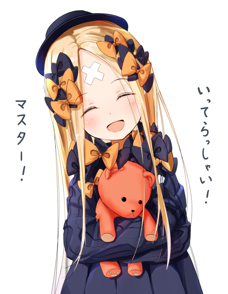 abigail_williams_(fate/grand_order) bandaid_on_forehead bangs black_bow black_dress black_headwear blonde_hair bow closed_eyes crossed_bandaids dress fate/grand_order fate_(series) forehead hair_bow hat keyhole long_hair multiple_bows object_hug orange_bow parted_bangs polka_dot polka_dot_bow ribbed_dress sakazakinchan simon sleeves_past_fingers sleeves_past_wrists smile stuffed_animal stuffed_toy teddy_bear translated white_legwear