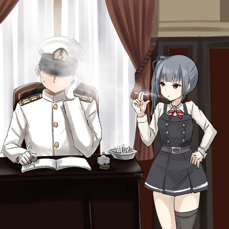 1boy 1girl admiral_(kantai_collection) bangs black_dress black_legwear blowing_smoke chin_rest cigarette cigarette_holder curtains desk dress faceless faceless_male gloves grey_hair hair_ribbon holding indoors kantai_collection kasumi_(kantai_collection) kuroame_(kurinohana) long_hair pen pinafore_dress ponytail remodel_(kantai_collection) ribbon shaded_face shirt side_ponytail single_thighhigh sitting smoke smoking standing sweat thigh-highs white_gloves white_shirt window