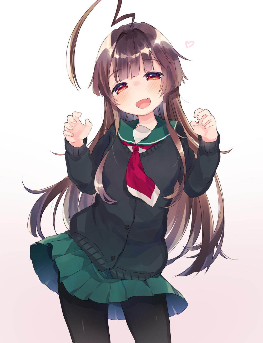 1girl black_legwear blush breasts brown_eyes brown_hair eyebrows_visible_through_hair green_cardigan green_skirt highres kanro_ame_(ameko) kantai_collection kuma_(kantai_collection) large_breasts long_hair long_sleeves looking_at_viewer neckerchief open_mouth pantyhose paw_pose school_uniform serafuku skirt smile solo