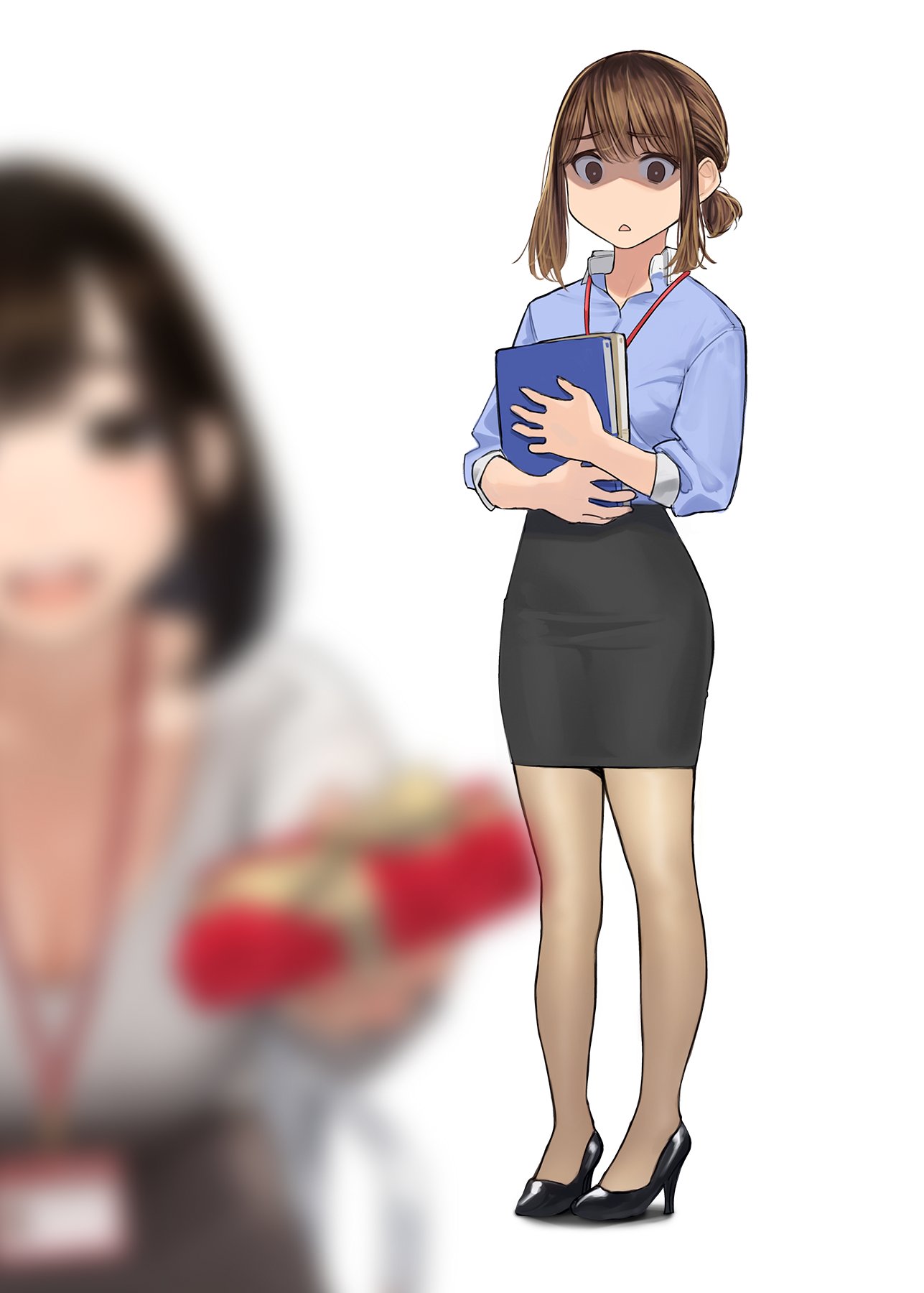 2girls blurry blurry_foreground brown_eyes brown_hair depth_of_field empty_eyes full_body gloom_(expression) high_heels highres holding multiple_girls office_lady office_lady_(yomu_(sgt_epper)) original pantyhose shaded_face solo_focus white_background yomu_(sgt_epper)