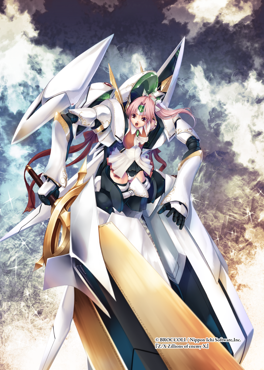 1girl :o abstract_background ascot bangs black_legwear black_panties breasts brown_eyes brown_vest center_opening collared_dress commentary_request copyright_name crotch_plate dress eyebrows_behind_hair floating hair_ribbon headgear highres holding holding_sword holding_weapon huge_weapon kirishima_satoshi looking_down mecha_musume mechanical_arms mechanical_legs mechanical_wings official_art panties parted_bangs pink_hair ponytail red_ribbon ribbon sidelocks sleeveless sleeveless_dress small_breasts solo sword thigh-highs underskirt underwear upper_teeth vest weapon white_dress white_neckwear white_ribbon wings z/x zettai_ryouiki