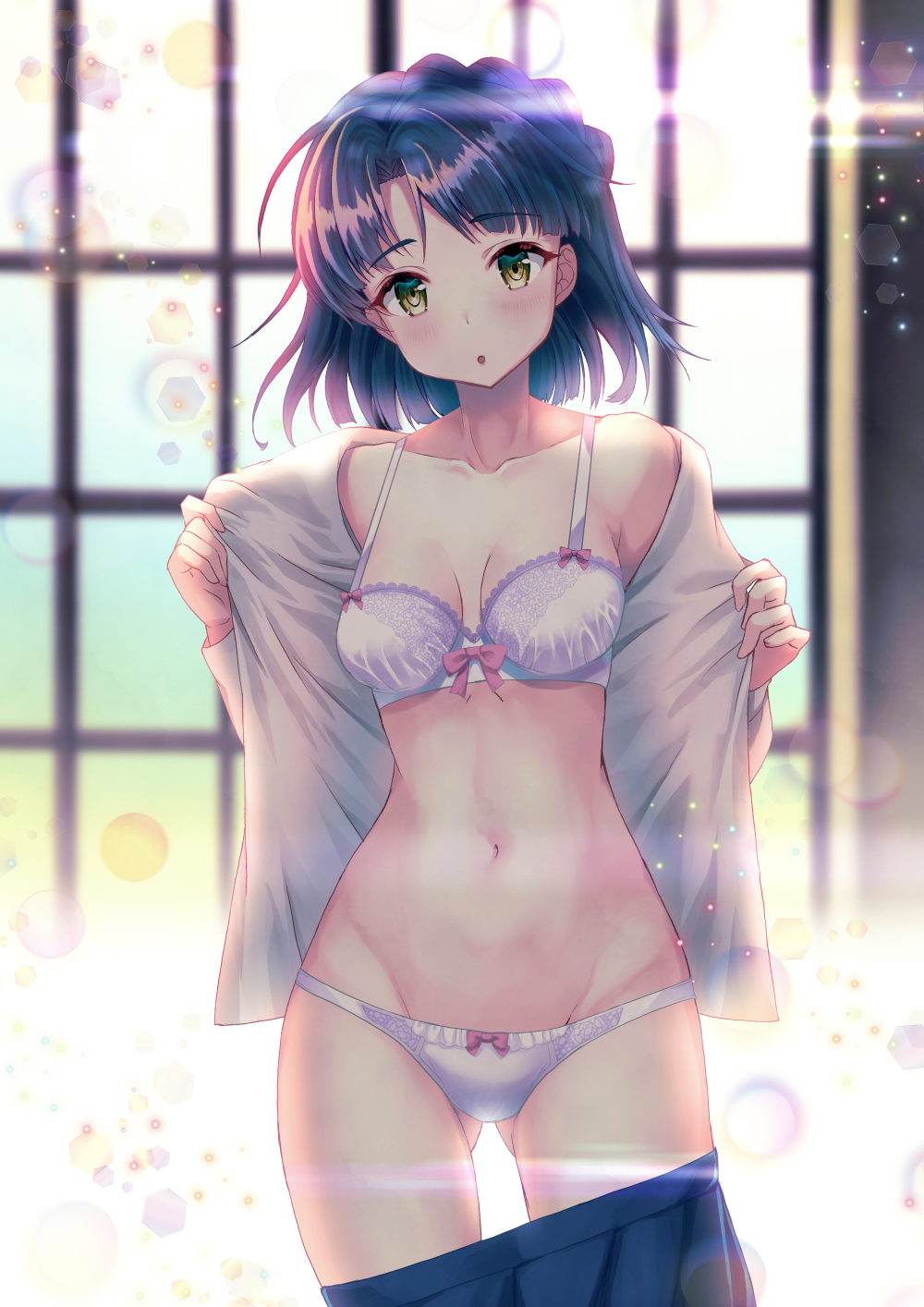 1girl :o ass_visible_through_thighs bare_shoulders black_hair blue_skirt bra breasts collarbone commentary_request cowboy_shot green_eyes groin highres idolmaster idolmaster_million_live! idolmaster_million_live!_theater_days looking_at_viewer medium_breasts nanao_yuriko navel open_clothes open_shirt panties parted_lips short_hair skirt skirt_pull solo stomach thighs underwear undressing vesper_(pixiv3568) white_bra white_panties