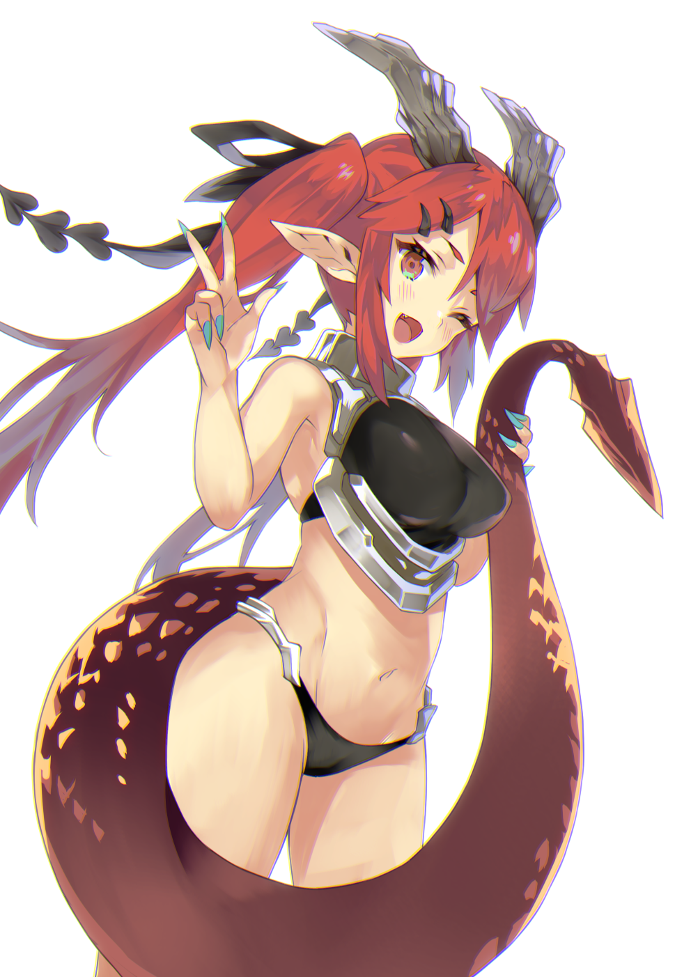 1girl ;d bangs bare_arms bare_shoulders black_panties black_ribbon blue_nails blush breasts brown_eyes commentary_request crop_top dragon_girl dragon_horns dragon_tail eyebrows_behind_hair fang fingernails groin hair_ornament hair_ribbon hairclip hands_up highres holding_tail horns large_breasts long_fingernails long_hair nail_polish navel nuqura one_eye_closed open_mouth original panties pointy_ears redhead ribbon sharp_fingernails simple_background smile solo tail twintails underwear v very_long_hair white_background