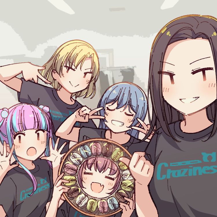 &gt;:) 5girls :d =_= asahi_rokka ayasaka bang_dream! bangs black_hair black_shirt blonde_hair blue_hair blunt_bangs clothes_writing comedy commentary double_v english_commentary fang food grin group_picture hair_bobbles hair_ornament hands_up holding holding_tray kohara_riko kurachi_reo long_hair macaron multicolored_hair multiple_girls natsume_(musician) no_bangs nyubara_reona open_mouth parted_hair photo-referenced pink_hair pose raise_a_suilen raychell_(musician) redhead satou_masuki seiyuu_connection shirt short_hair sidelocks skin_fang smile streaked_hair t-shirt tamade_chiyu thumbs_up tray tsumugi_risa two-tone_hair u_u upper_body very_long_hair wakana_rei