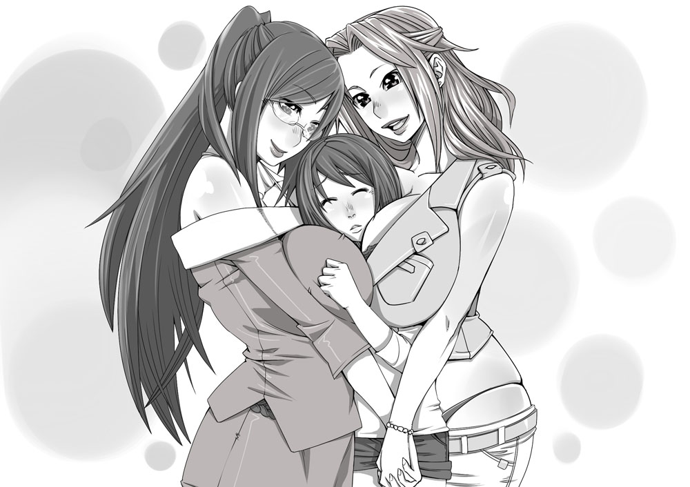 1boy 2girls age_difference belt blush bracelet breasts clenched_hand closed_eyes commentary_request eyebrows_visible_through_hair formal girl_sandwich glasses greyscale holding_hands huge_breasts jewelry konakona lips long_hair monochrome multiple_girls original pants ponytail sandwiched short_shorts shorts