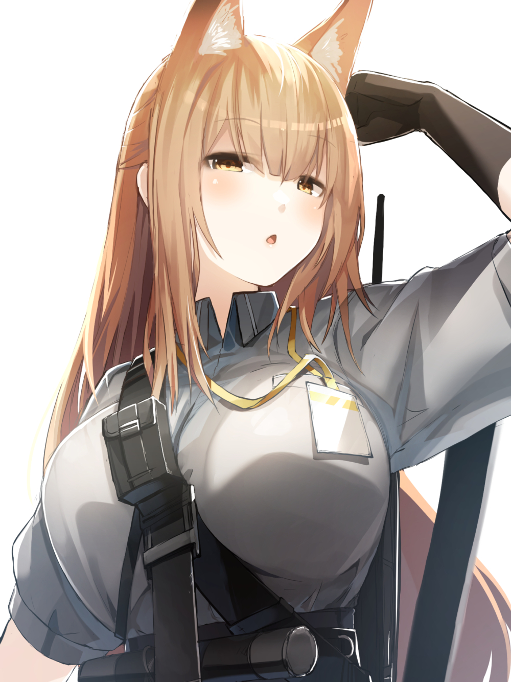 1girl animal_ears arknights arm_up belt_pouch black_gloves breasts brown_eyes brown_hair collared_shirt commentary_request extra_ears fox_ears franka_(arknights) gloves grey_shirt highres id_card large_breasts long_hair looking_at_viewer meth_(emethmeth) parted_lips pouch shirt short_sleeves solo strap uniform upper_body white_background
