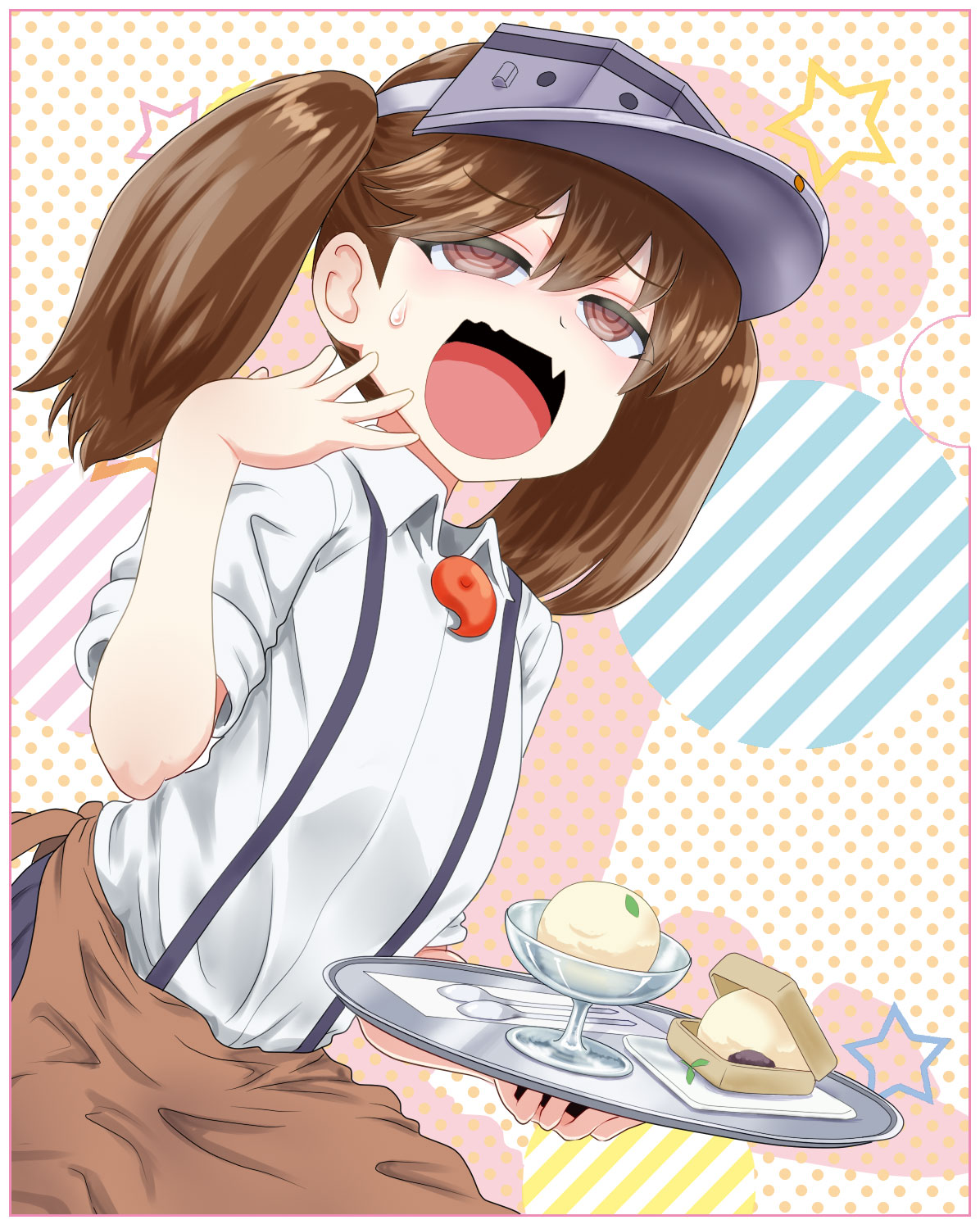 1girl @_@ apron bangs blush brown_apron brown_hair dessert eyebrows_visible_through_hair fang flat_chest food hat highres kantai_collection long_hair maboroshi_dandy magatama open_mouth parody ryuujou_(kantai_collection) shirt skin_fang solo spoon suspenders sweat tray twintails uzaki-chan_wa_asobitai! visor_cap waist_apron white_shirt