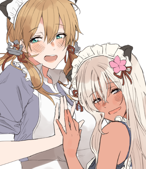 2girls amakaze anchor_hair_ornament animal_ears apron aqua_eyes blonde_hair blue_eyes blue_shirt cat_ears commentary_request frilled_apron frills hair_ornament kantai_collection long_hair looking_at_viewer low_twintails maid_headdress multiple_girls open_mouth prinz_eugen_(kantai_collection) ro-500_(kantai_collection) round_teeth shirt simple_background tan teeth twintails upper_teeth white_apron white_background