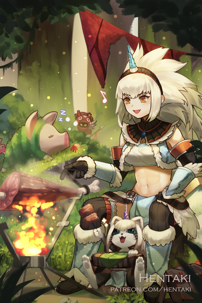 1girl :d animal artist_name bare_shoulders black_gloves boots breasts commentary cooking creature crop_top dragalia_lost fang fire food fur_trim gloves grass hairband hentaki horn kirin_(armor) long_hair meat medium_breasts midriff musical_note nature navel open_mouth orange_eyes pelvic_curtain pig shirt silver_hair sitting sleeveless sleeveless_shirt smile solo stomach vambraces vanessa_(dragalia_lost) watermark zzz