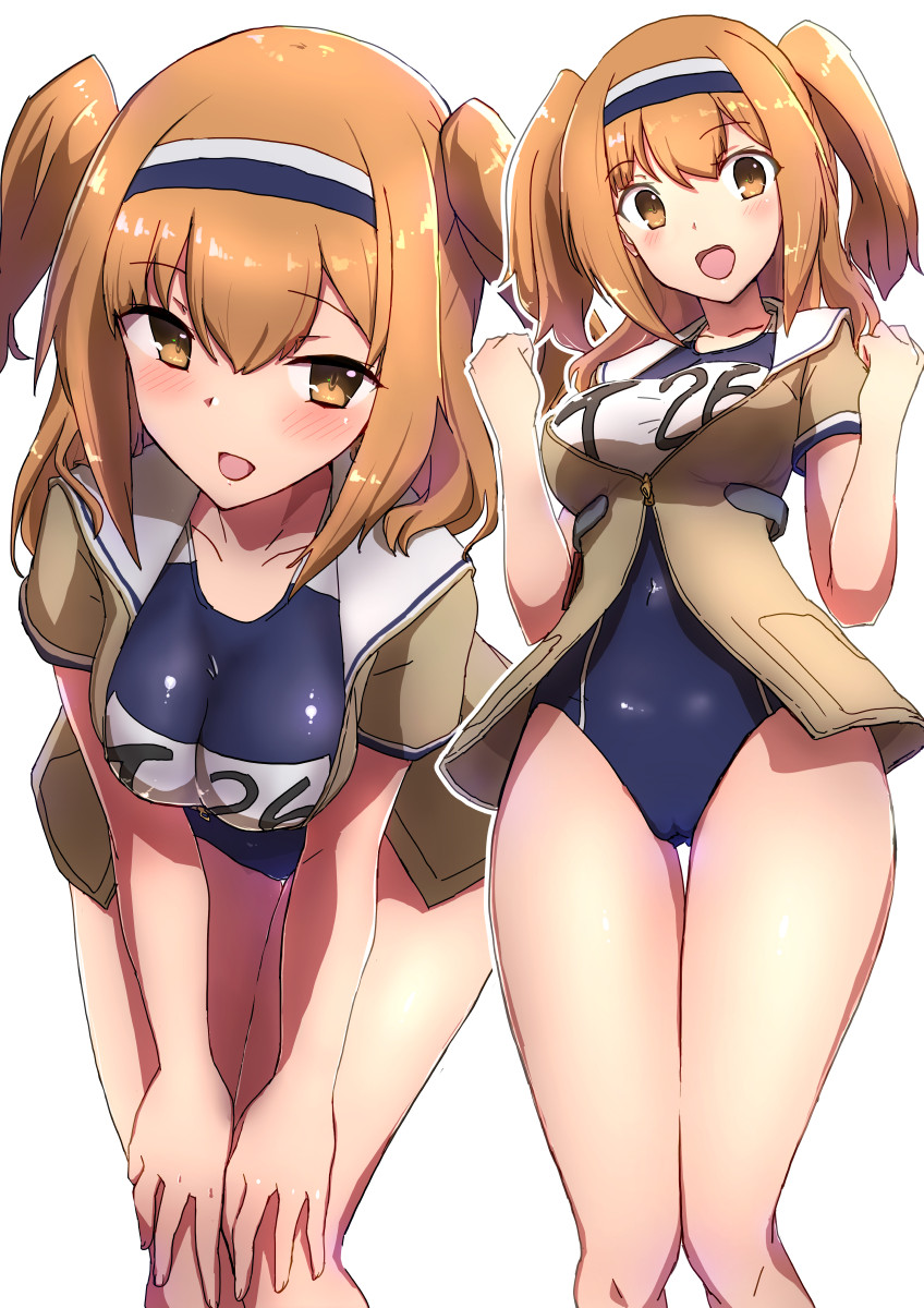 1girl :d black_swimsuit blush breasts brown_eyes collarbone comala_(komma_la) eyebrows_visible_through_hair feet_out_of_frame green_jacket hair_between_eyes hairband highres i-26_(kantai_collection) jacket kantai_collection large_breasts light_brown_hair long_hair multiple_views name_tag new_school_swimsuit open_mouth school_swimsuit short_sleeves simple_background smile swimsuit two-tone_hairband two_side_up white_background