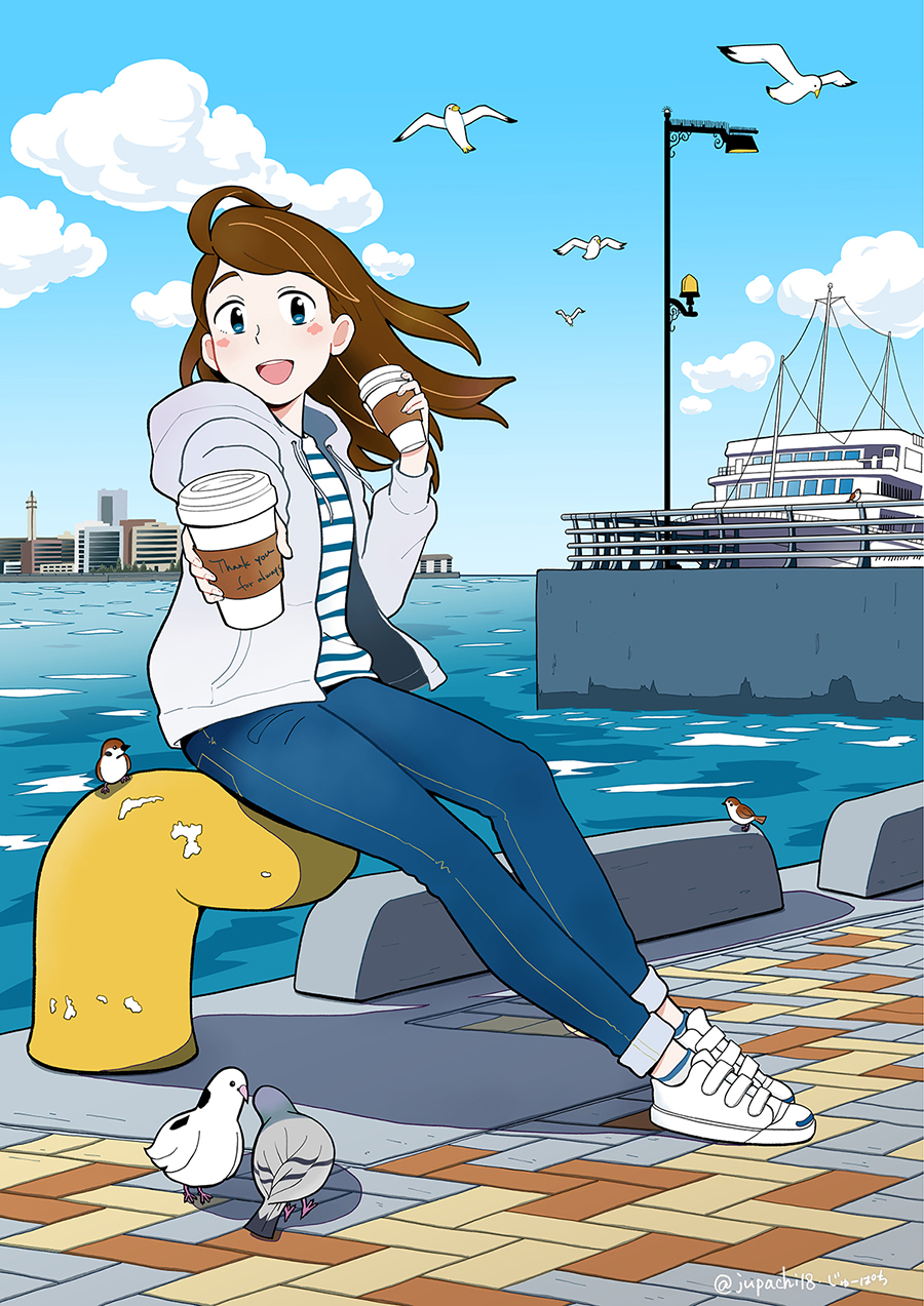 1girl bird blue_eyes blue_pants blue_sky boat brown_hair building city clouds cloudy_sky coffee commentary_request cup denim drawstring full_body highres holding holding_cup hood hood_down jeans jupachi18 long_hair ocean open_mouth original outdoors pants shadow shirt shoes sky smile sneakers solo striped striped_shirt thank_you twitter_username water watercraft white_bird white_footwear