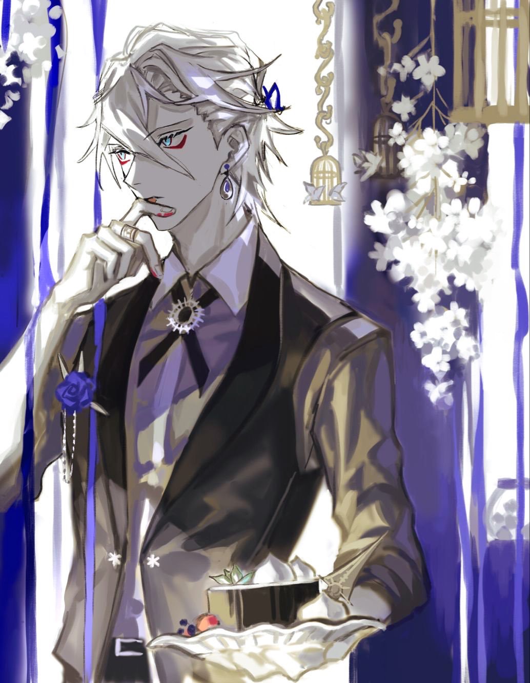 1boy birdcage blue_eyes cage earrings fate/apocrypha fate/grand_order fate_(series) hand_on_own_face highres jewelry karna_(fate) makeup male_focus mchi red_eyeshadow ring solo waistcoat white_hair white_skin