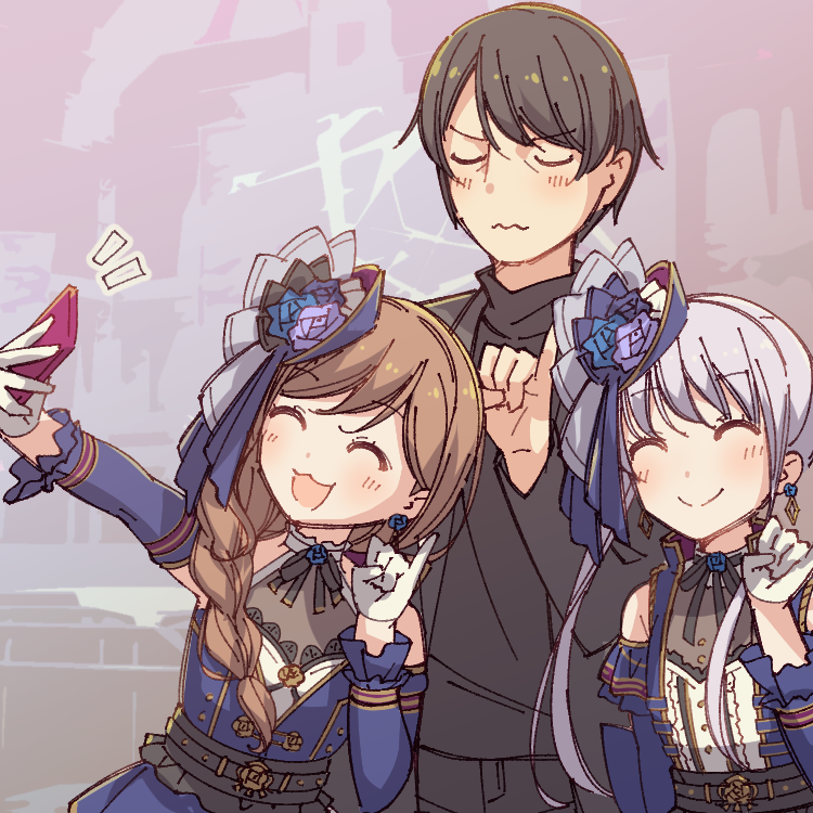 1boy 2girls :3 :d ^_^ ayasaka bang_dream! bangs black_hair black_neckwear black_shirt blue_flower blue_headwear blue_ribbon braid brown_hair cellphone center_frills closed_eyes commentary_request detached_sleeves dress earrings flower gloves grey_hair group_picture hair_flower hair_ornament hair_over_shoulder hat hat_ribbon holding holding_phone imai_lisa jewelry long_hair minato_yukina minato_yukina's_father multiple_girls neck_ribbon open_mouth phone pinky_out ribbon self_shot shirt side_ponytail single_braid smartphone smile taking_picture u_u upper_body wavy_mouth white_gloves