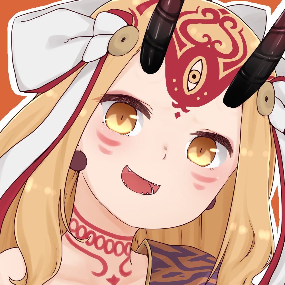 1girl :d bare_shoulders blonde_hair brown_background brown_eyes collarbone earrings facial_mark fate/grand_order fate_(series) forehead_mark horns i.u.y ibaraki_douji_(fate/grand_order) jewelry long_hair looking_at_viewer oni oni_horns open_mouth outline sharp_teeth smile solo teeth upper_body white_outline