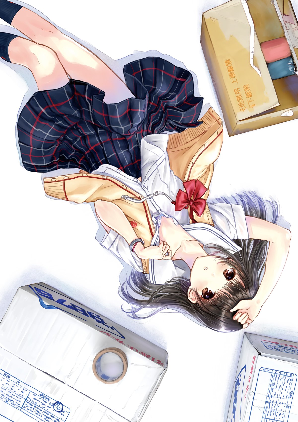 1girl black_hair black_legwear blush box brown_eyes chikasugiru_karera_no_juunanasai_no_tooi_kankei collarbone hand_on_own_head highres izumi_rina_(chikasugiru_karera_no_juunanasai_no_tooi_kankei) kazuharu_kina kneehighs long_hair looking_at_viewer lying official_art on_back open_clothes open_vest parted_lips partially_unbuttoned plaid plaid_skirt pleated_skirt school_uniform serafuku short_sleeves skirt solo sweater_vest unbuttoned vest