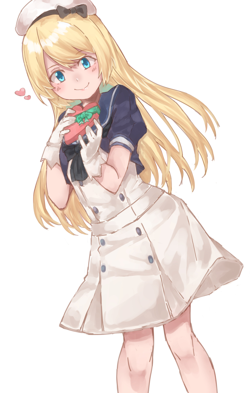 1girl az_toride blonde_hair blue_eyes blue_sailor_collar dress dutch_angle feet_out_of_frame gloves hat heart highres jervis_(kantai_collection) kantai_collection long_hair sailor_collar sailor_dress sailor_hat simple_background smile solo standing white_background white_dress white_gloves white_headwear