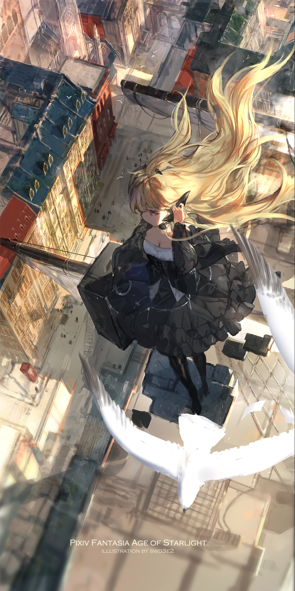 1girl artist_name bird black_dress black_footwear blonde_hair blurry building city commentary_request copyright_name dress fantasy floating_hair from_above highres horns long_hair pixiv_fantasia pixiv_fantasia_age_of_starlight sail solo_focus standing suitcase swd3e2