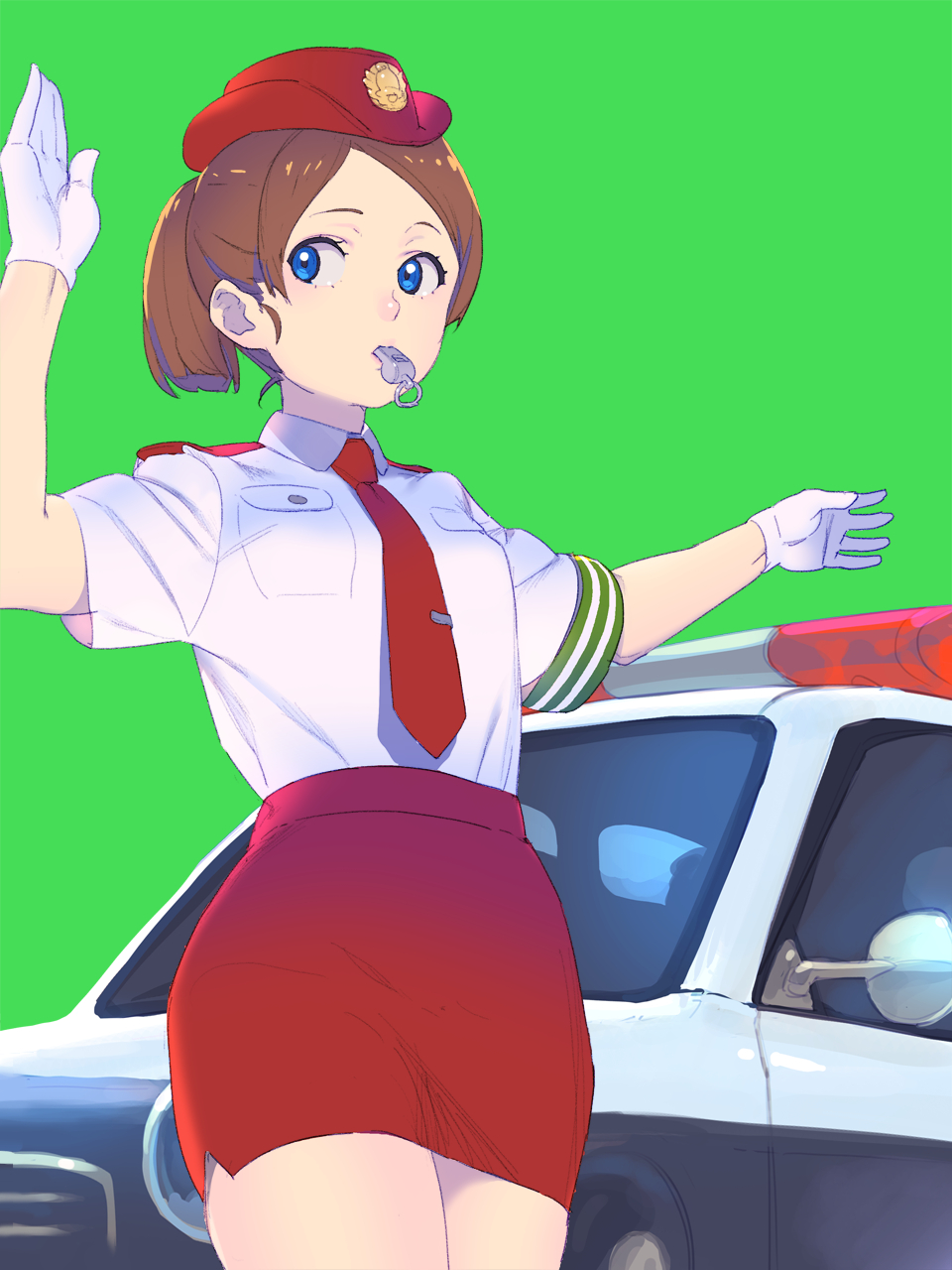 1girl bangs blue_eyes breast_pocket brown_hair car eyebrows_visible_through_hair female_service_cap gloves green_background ground_vehicle hat highres hisho_collection looking_to_the_side motor_vehicle mouth_hold nagisa_kurousagi necktie original parted_bangs pencil_skirt pocket police police_car police_uniform policewoman ponytail red_at red_neckwear red_skirt shirt short_hair simple_background skirt solo uniform whistle white_gloves white_shirt